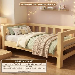 Giường Em Bé 1m6 Có Thanh Chắn – Ghép Mở Rộng Linh Hoạt, Gỗ Thông, Ghép Giường An Toàn