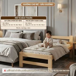 Giường Cho Bé 1M8 Ghép Với Giường Bố Mẹ, Gỗ Thông Mới Dài | Có Thanh Rào Chắn, Nhiều Kiểu Thiết Kế