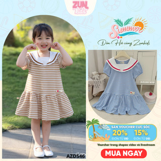 Đầm Thun Bé Gái Love Sailor Cổ Thủy Thủ AZD546 - Đầm Sọc Ngang Cotton Co Giãn