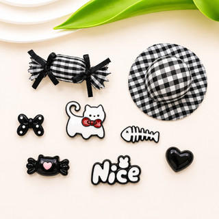 Set Charm Mũ Caro Đen Trắng Vintage Mèo Đen Nơ Đỏ Trái Tim Kẹo Ngọt Resin Cao Cấp Phong Cách Tiểu Thư Paris