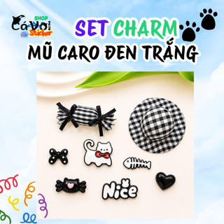 Set Charm Mũ Caro Đen Trắng Vintage Mèo Đen Nơ Đỏ Trái Tim Kẹo Ngọt Resin Cao Cấp Phong Cách Tiểu Thư Paris