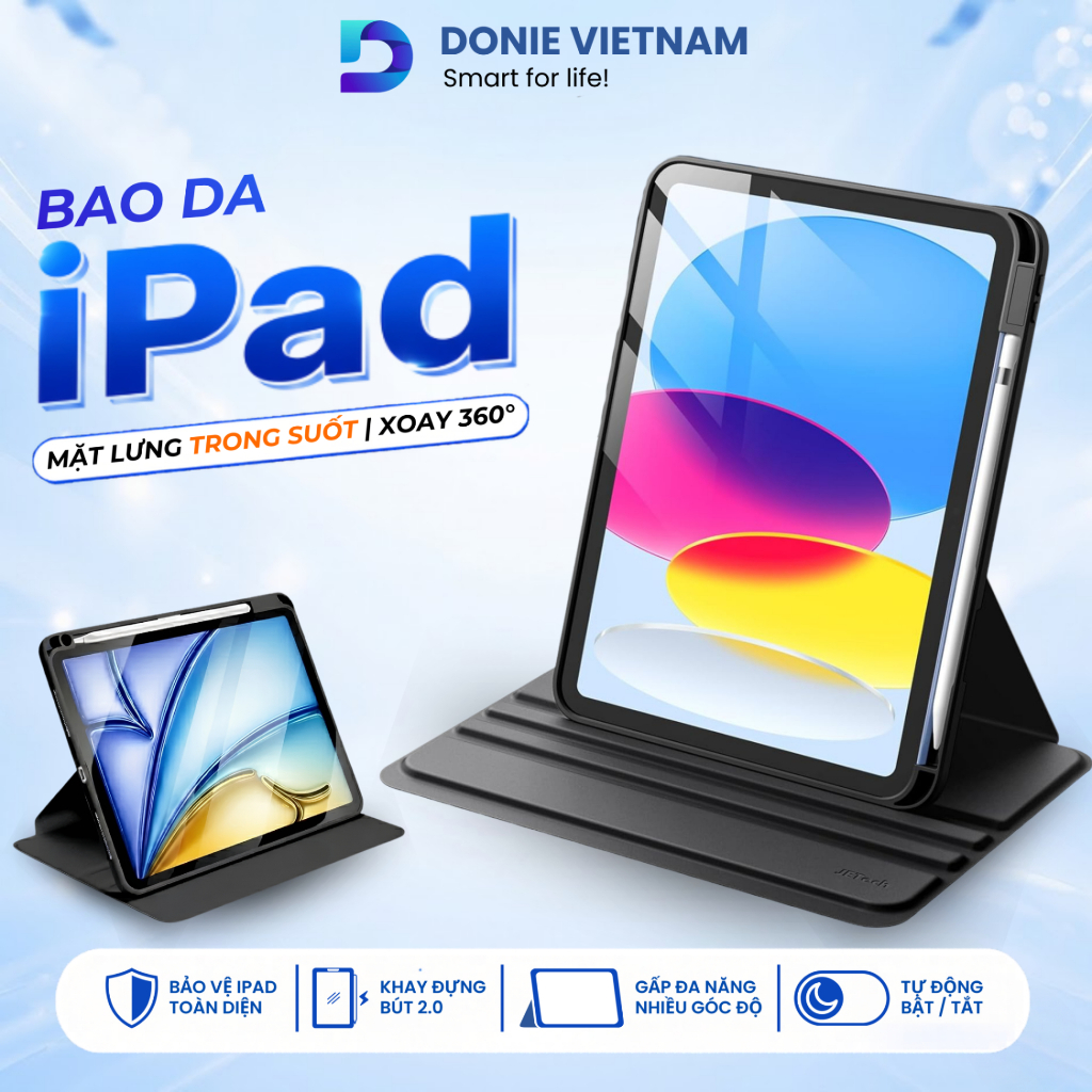 Bao Da iPad Hybrid Slim Mặt Lưng Trong Suốt Xoay 360° Cho Gen A16 10/11 Air 4/5/6 Pro 11 | DONIE P07