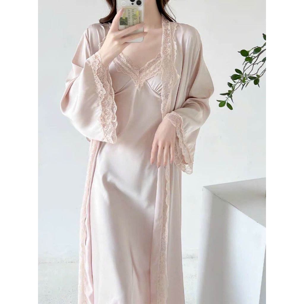 Sét váy ngủ 2 dây kèm áo choàng lụa cao cấp phối ren Đầm mặc nhà sang chảnh quyến rũ