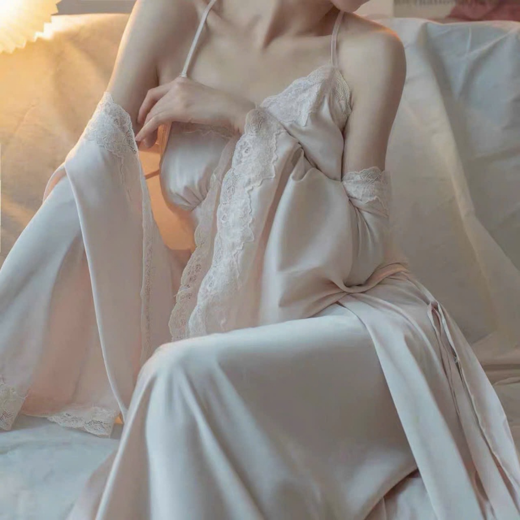 Sét váy ngủ 2 dây kèm áo choàng lụa cao cấp phối ren Đầm mặc nhà sang chảnh quyến rũ