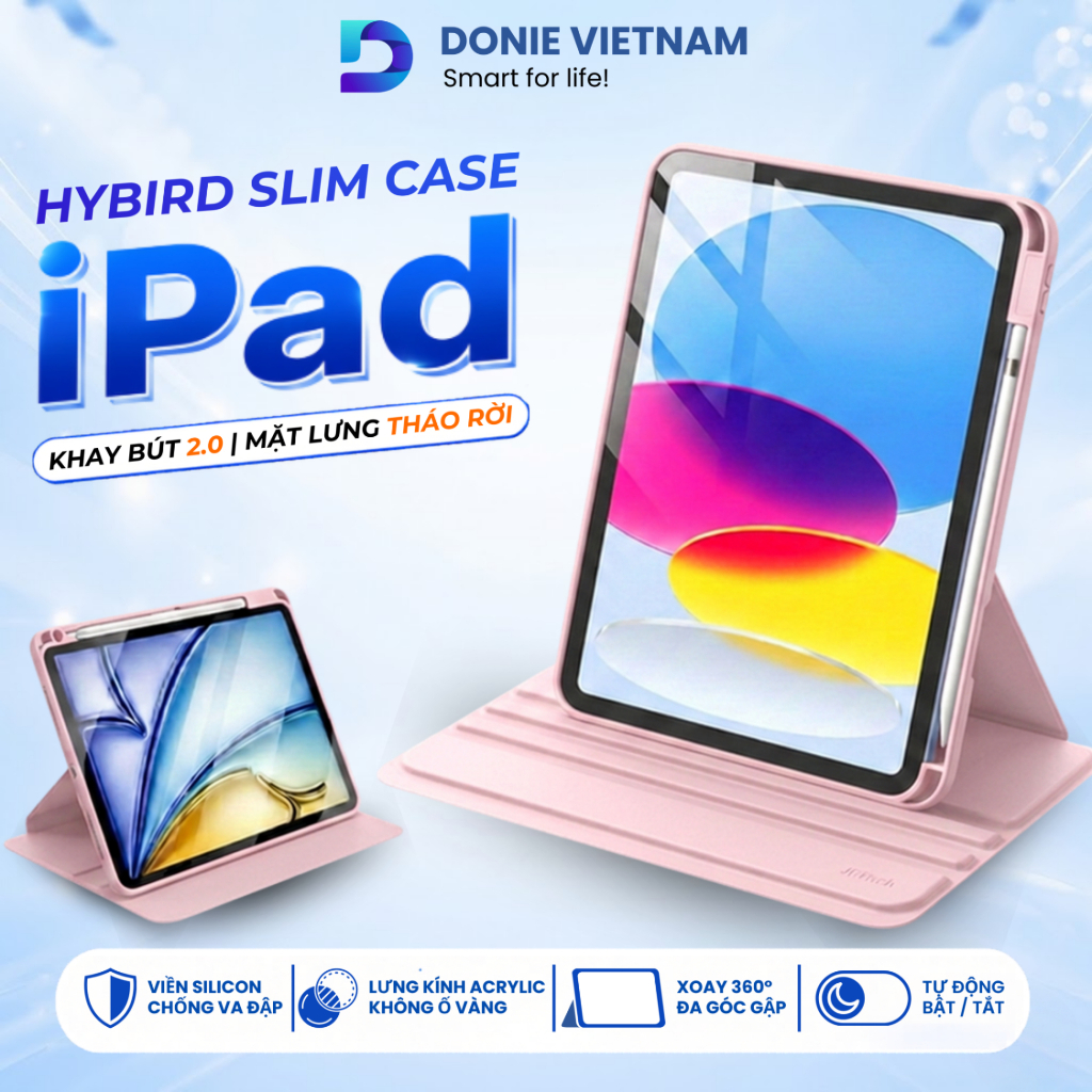Case iPad Hybrid Slim Mặt Lưng Tháo Rời Có Khay Bút Gen 10/11 Air 4/5/6/7 Pro 11" M2 M3 | DONIE P07