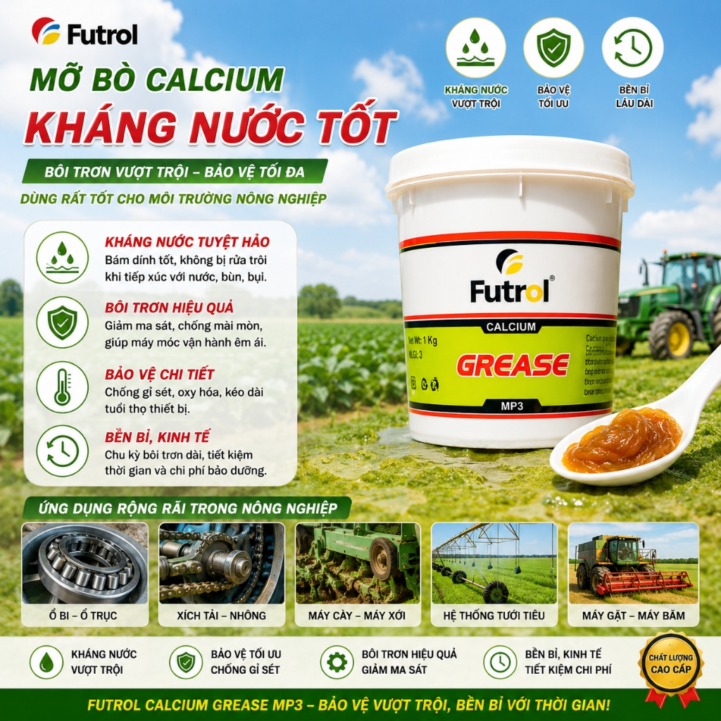 Mỡ bò Futrol nhập khẩu Ấn Độ – 2 dòng Calcium kháng nước & Lithium chịu nhiệt. Bám dính cao – vận hành êm – tiết kiệm