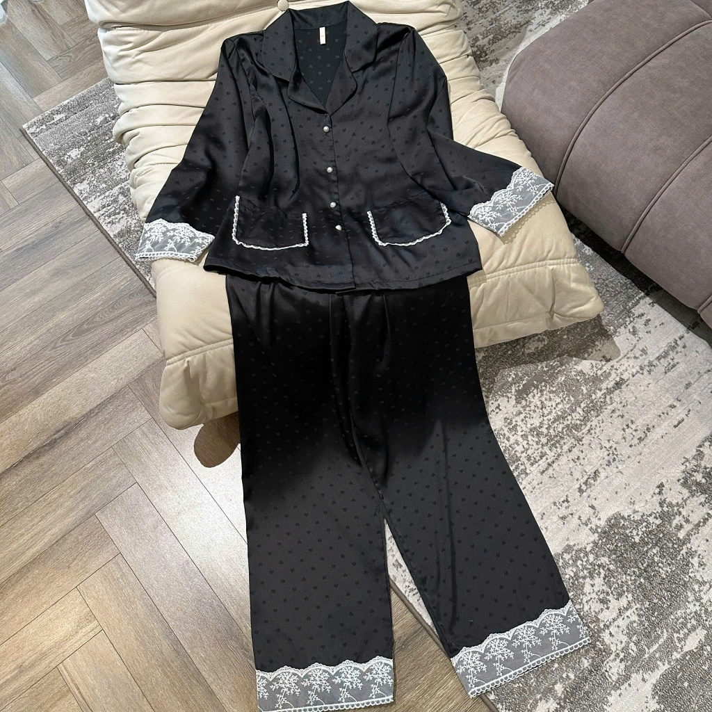 Bộ Ngủ Pyjama Lụa Mềm Mướt Chấm Bi Phối ren viền túi Bèo Tiểu Thư