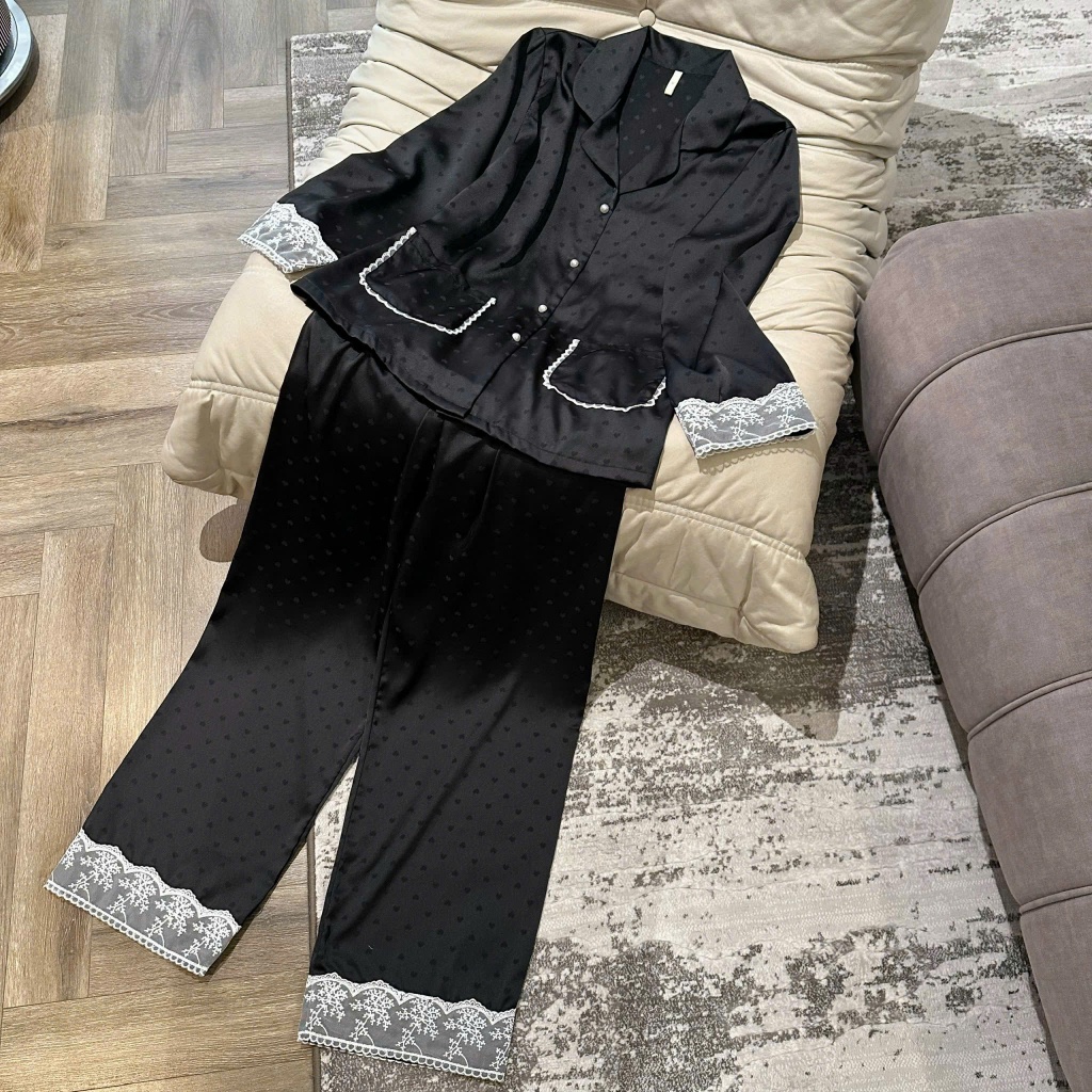 Bộ Ngủ Pyjama Lụa Mềm Mướt Chấm Bi Phối ren viền túi Bèo Tiểu Thư