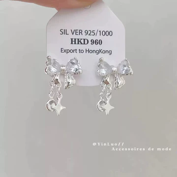 Bông tai Bạc 925 hình nơ đính đá lấp lánh - Khuyên tai nữ dáng dài, tiểu thư sang trọng