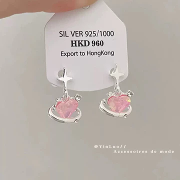 Bông tai Bạc 925 trái tim hồng đính đá - Khuyên tai nữ phong cách Hàn Quốc ngọt ngào, xinh xắn