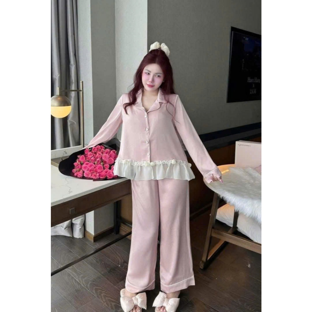 Bộ ngủ pzm hồng dài tay phối voan đuôi áo hàng LyLy cao cấp Bộ mặc nhà sang chảnh