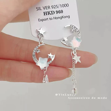 Bông tai Bạc 925 thiết kế trăng sao bất đối xứng - Khuyên tai nữ đính đá, phong cách thời trang độc đáo