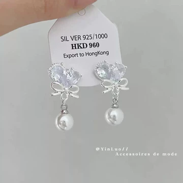 Bông tai Bạc 925 hình trái tim đính đá và nơ - Khuyên tai nữ kết hợp ngọc trai tinh tế