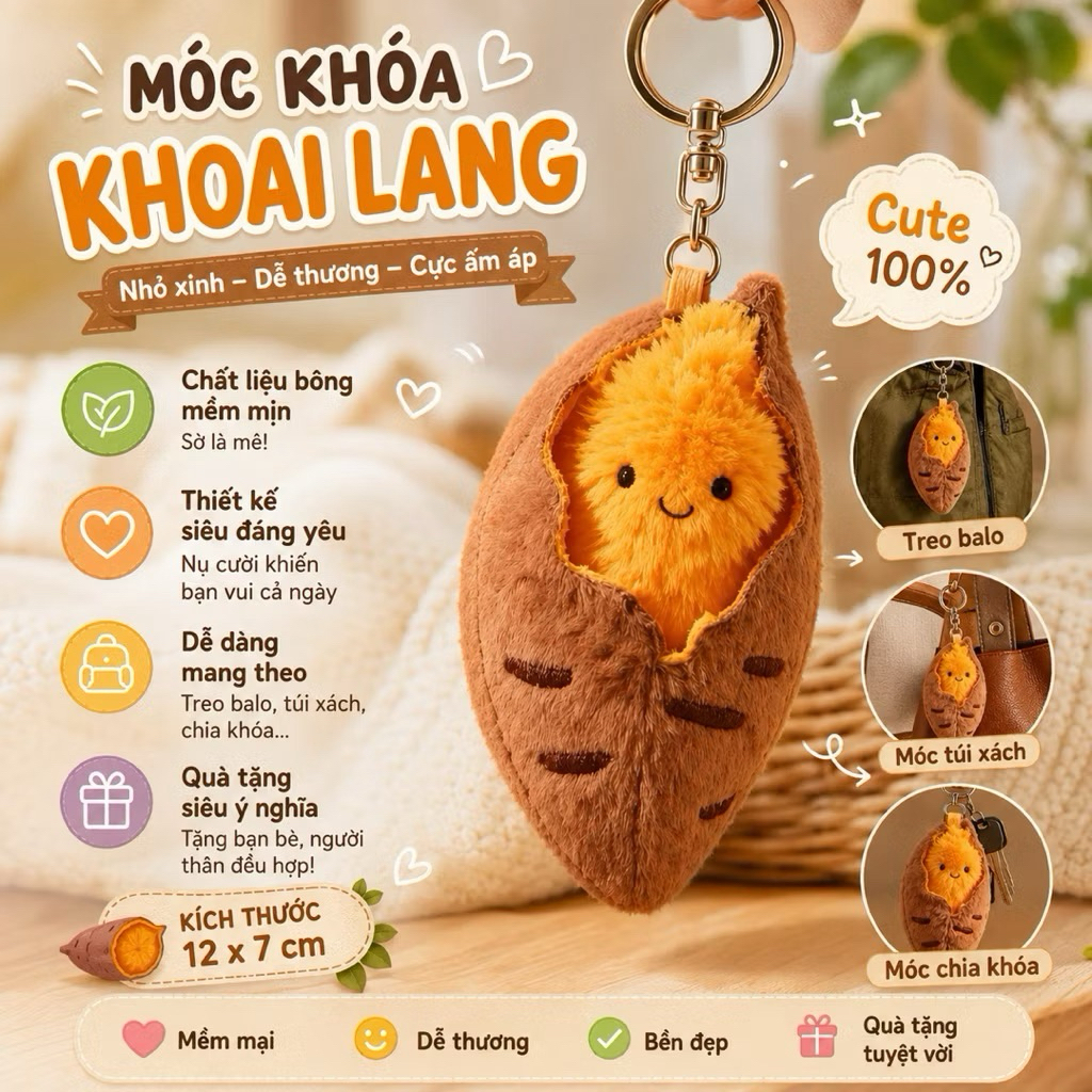 Móc Khóa Khoai Lang Nướng Dễ Thương Móc Treo Balo Túi Xách Gấu Bông Khoai Lang Mềm Mại Quà Tặng Cute