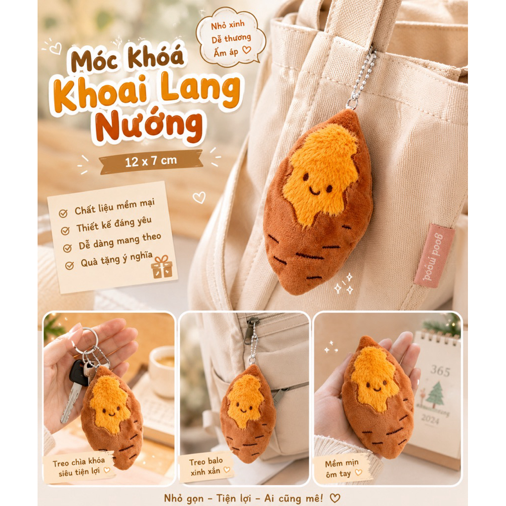 Móc Khóa Khoai Lang Nướng Dễ Thương Móc Treo Balo Túi Xách Gấu Bông Khoai Lang Mềm Mại Quà Tặng Cute