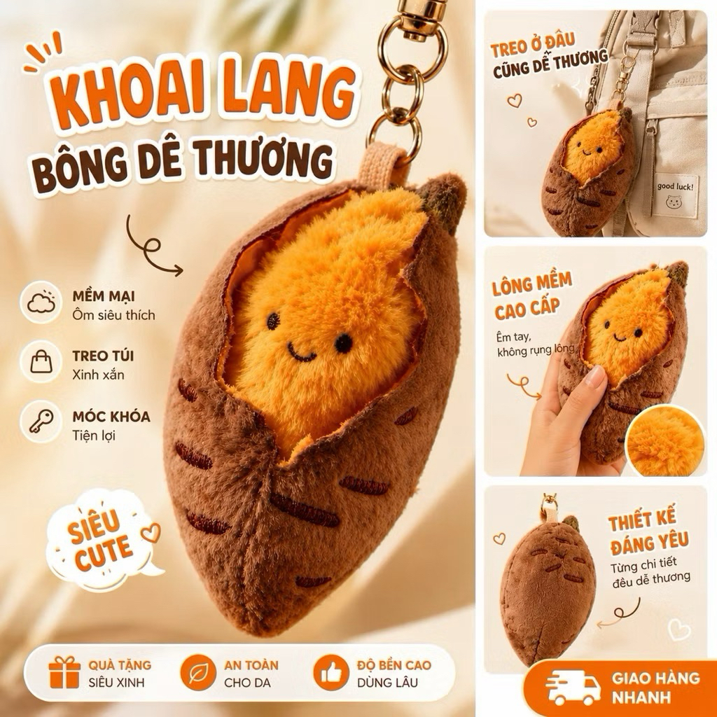 Móc Khóa Khoai Lang Nướng Dễ Thương Móc Treo Balo Túi Xách Gấu Bông Khoai Lang Mềm Mại Quà Tặng Cute