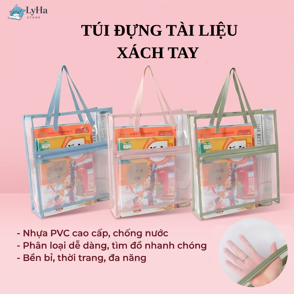 Túi Đựng Tài Liệu Dụng Cụ Học Tập , Cặp File Nhựa PVC Trong Suốt Có Quai Xách Chống Nước Đa Năng Cho Học Sinh Học Thêm