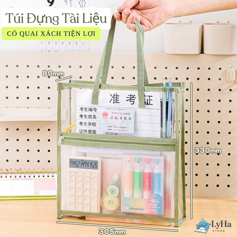 Túi Đựng Tài Liệu Dụng Cụ Học Tập , Cặp File Nhựa PVC Trong Suốt Có Quai Xách Chống Nước Đa Năng Cho Học Sinh Học Thêm
