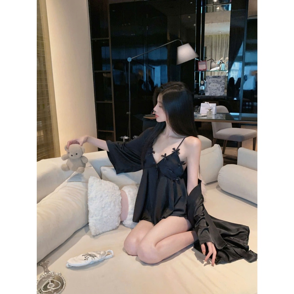 Hàng Qccc- Sét bộ 2 dây cộc đùi nơ kèm mút ngực, bộ 2 dây mặc nhà cao cấp
