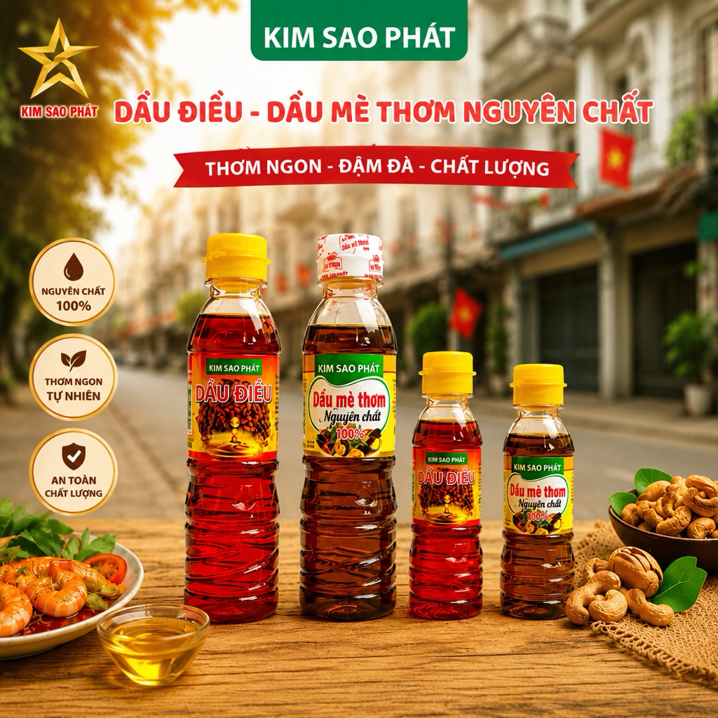 Dầu điều và dầu mè lọ 100ml và 250ml Kim Sao Phát - tiện lợi, tạo màu tạo hương vị cho thức ăn .
