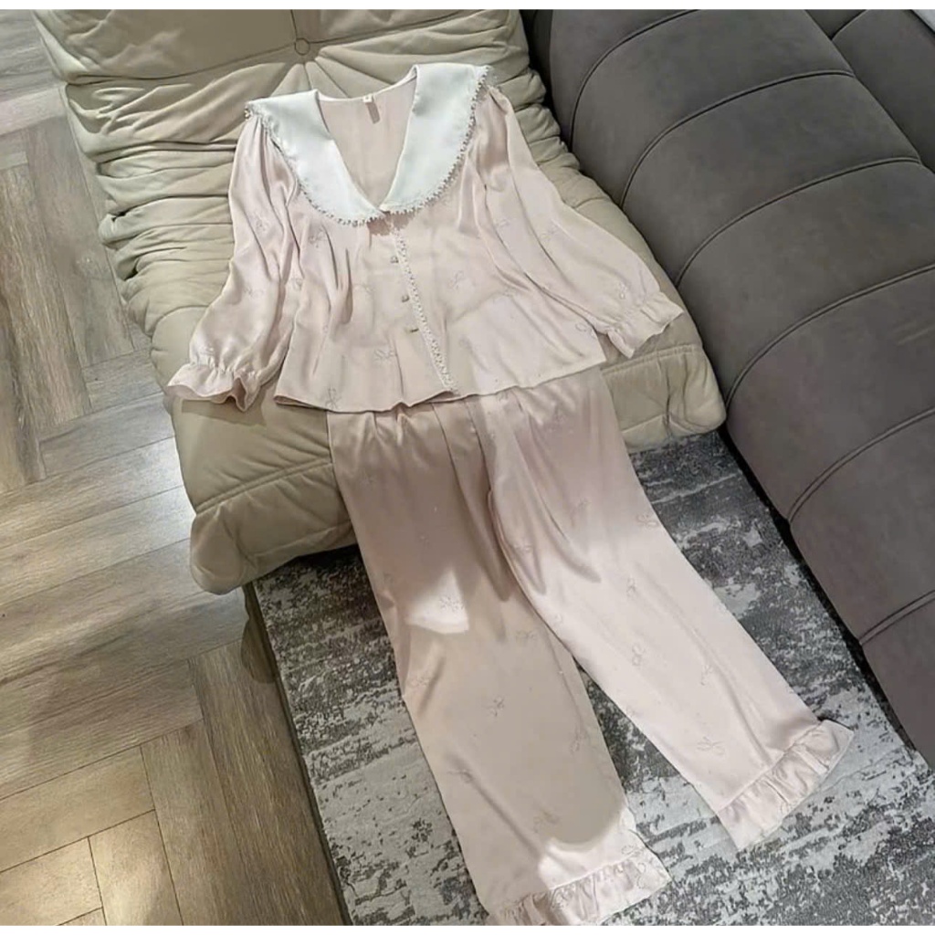 Bộ ngủ pyjama dài tay nữ xinh xắn chất lụa mềm mịn QCCC- Bộ mặc nhà sang chảnh thanh lịch