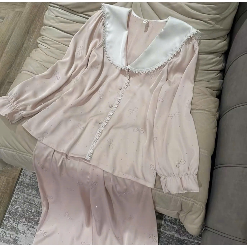 Bộ ngủ pyjama dài tay nữ xinh xắn chất lụa mềm mịn QCCC- Bộ mặc nhà sang chảnh thanh lịch