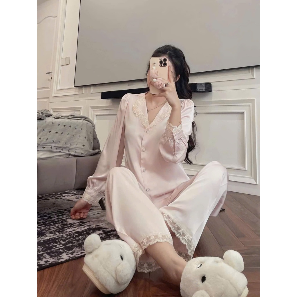 Bộ ngủ lụa dài tay hồng nude tiểu thư sangg chảnh- bộ mặc nhà cao cấp