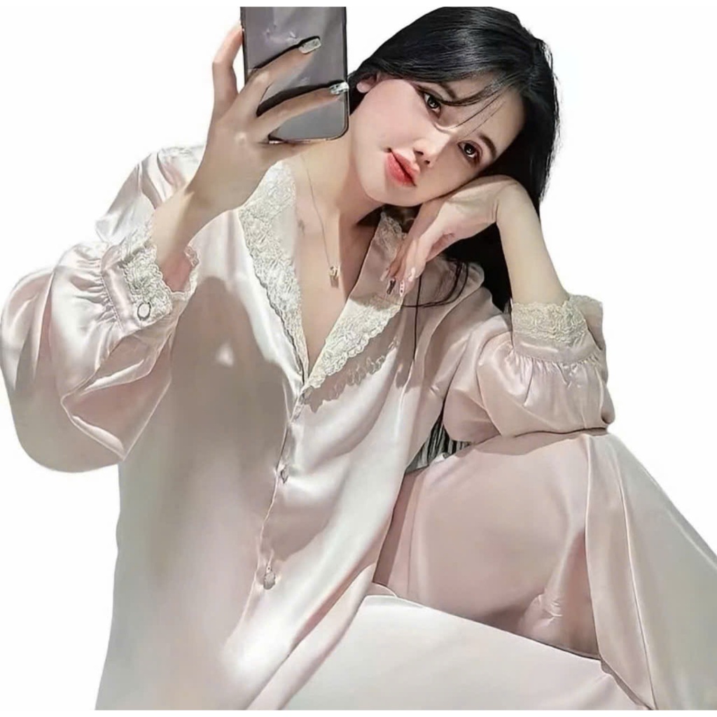 Bộ ngủ lụa dài tay hồng nude tiểu thư sangg chảnh- bộ mặc nhà cao cấp