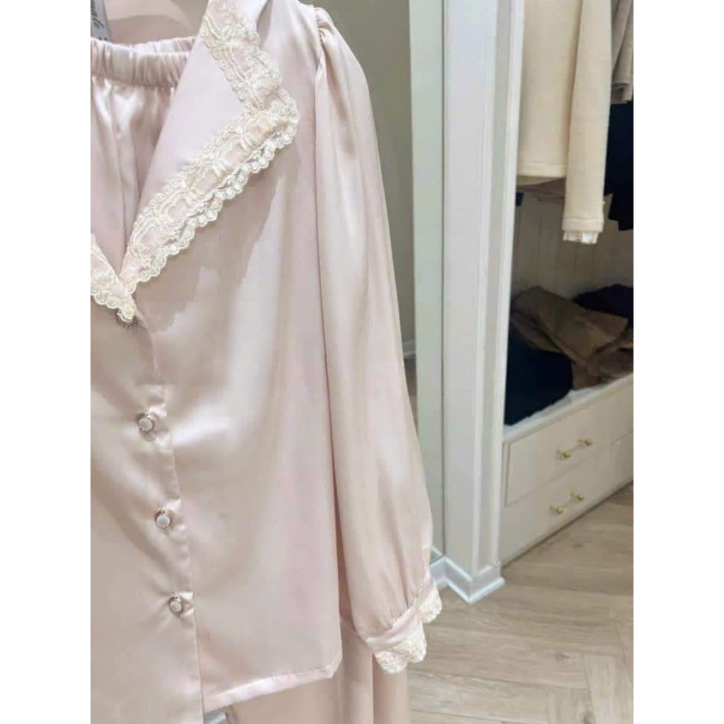 Bộ ngủ lụa dài tay hồng nude tiểu thư sangg chảnh- bộ mặc nhà cao cấp