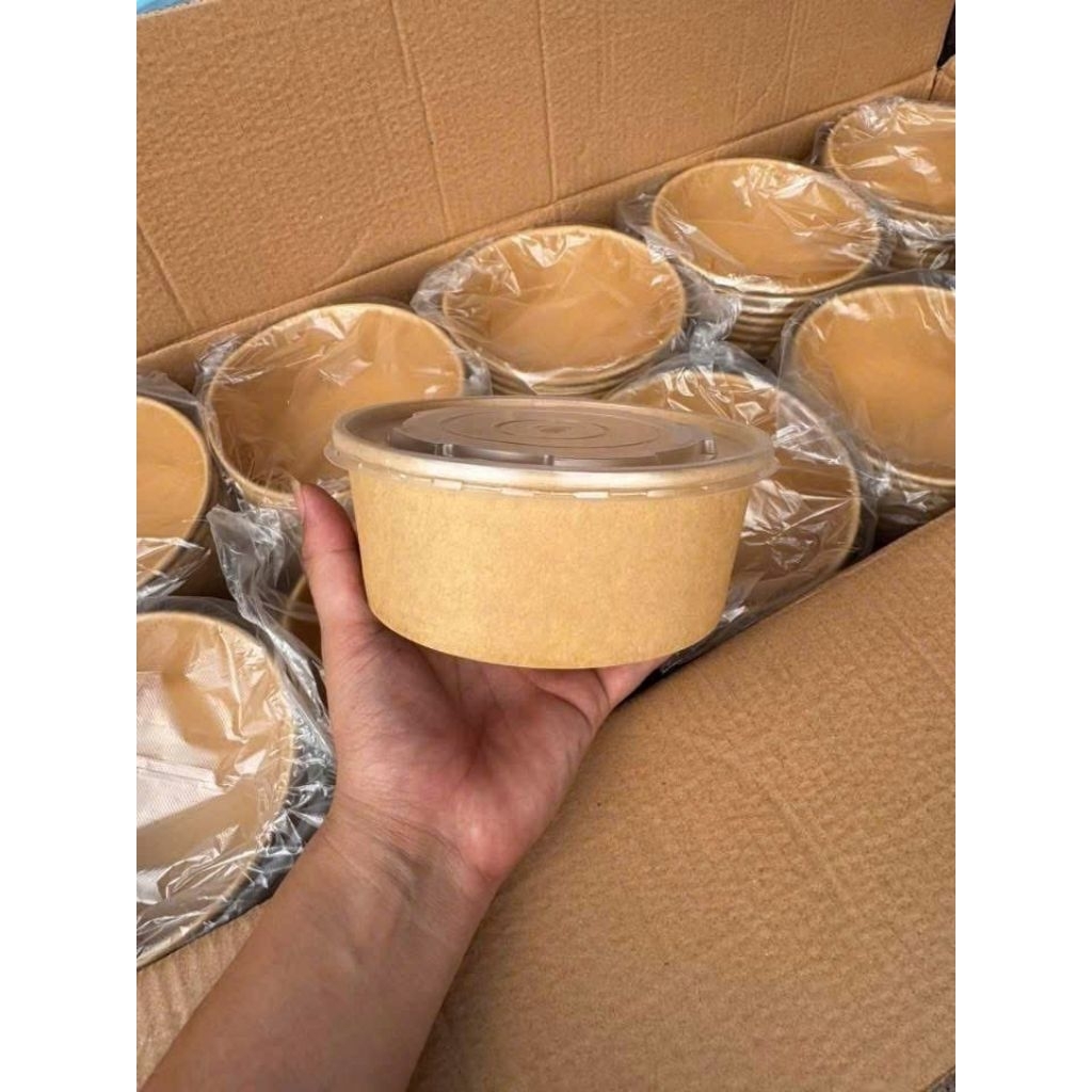 Set 500 Tô Giấy Kraft Nâu Cao Cấp 750ml - 1000ml Kèm Nắp