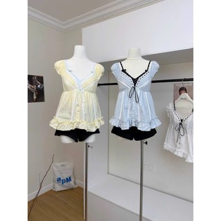 Set Áo Tay Nhí Phối Bra Chấm Bi Dáng Babydoll Thắt Nơ Viền Dập Xoắn Chất Thô Hàng Quảng Châu.