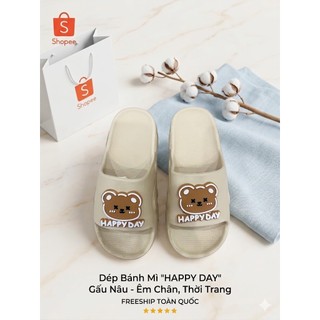 Dép Bánh Mì Nữ Quai Ngang Gấu HAPPY DAY Dễ Thương, Dép Quai Ngang Đế Xuồng Cao Cấp Đi Trong Nhà Đi Chơi Êm Chân - 6018