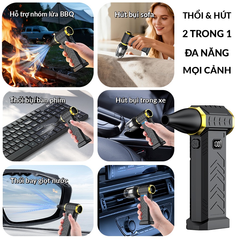 Máy Hút Bụi Cầm Tay 6 Đầu Hút Đa Năng, Động Cơ Turbo 100000RPM, Lực Hút Mạnh, Có Đèn LED