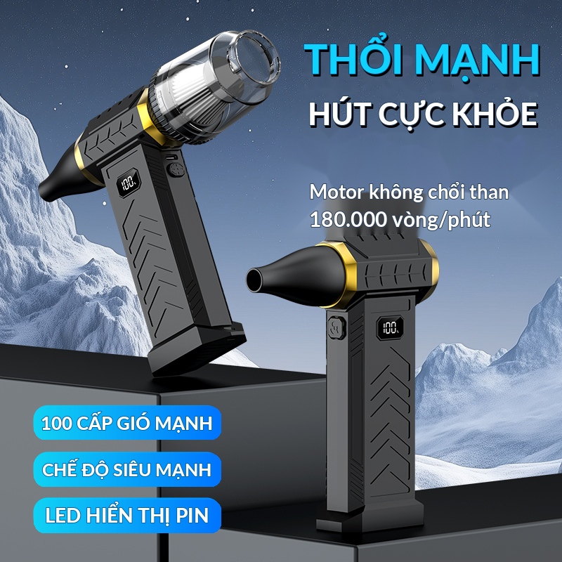 Máy Hút Bụi Cầm Tay 6 Đầu Hút Đa Năng, Động Cơ Turbo 100000RPM, Lực Hút Mạnh, Có Đèn LED