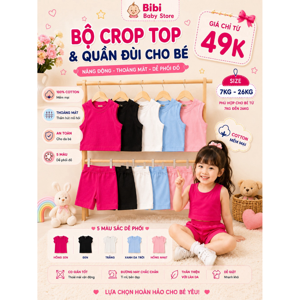 Bộ Croptop Bé Gái Cotton Cao Cấp Kèm Quần Đùi Co Giãn 4 Chiều - Đồ Bộ Mặc Nhà Đi Chơi Cho Bé 9 - 26 KG