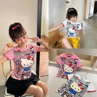 Áo phông cotton MSK hình hello kitty tay viền chỉ đỏ form babytee #21715