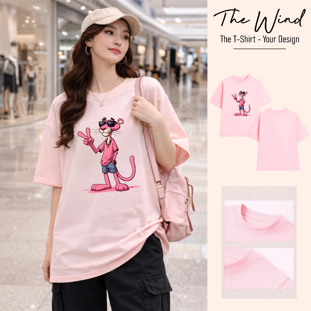 Áo Thun In Hình Báo Hồng Pink Panther Giơ Tay Chữ V Phong Cách Swag/Streetwear Chất Liệu Cotton Cao Cấp Form Rộng