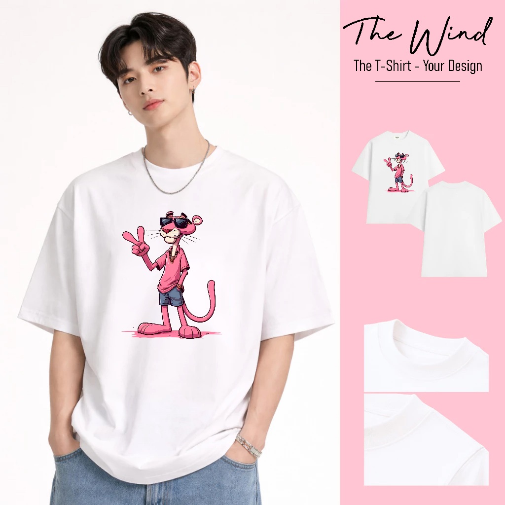 Áo Thun In Hình Báo Hồng Pink Panther Giơ Tay Chữ V Phong Cách Swag/Streetwear Chất Liệu Cotton Cao Cấp Form Rộng