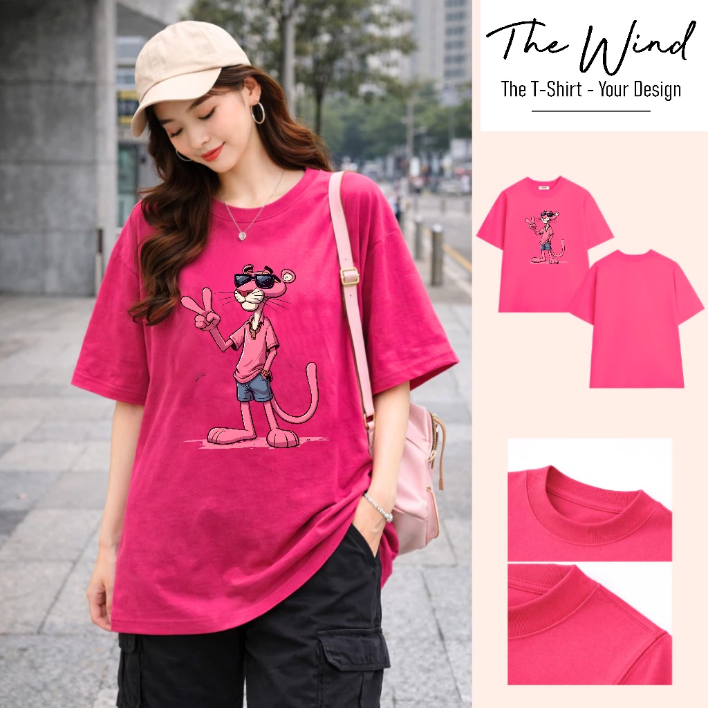 Áo Thun In Hình Báo Hồng Pink Panther Giơ Tay Chữ V Phong Cách Swag/Streetwear Chất Liệu Cotton Cao Cấp Form Rộng