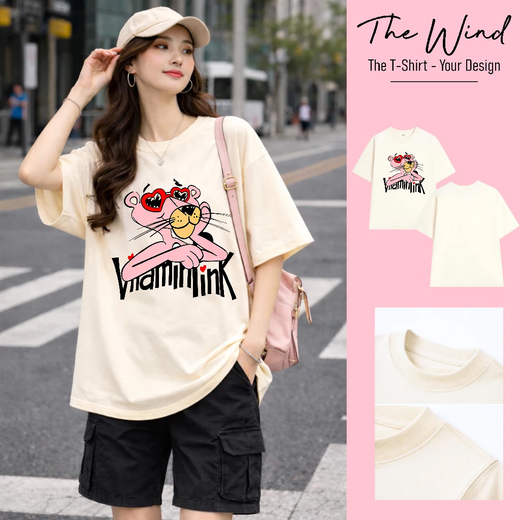 Áo thun in hình Báo HồngPink Panther Kính Trái Tim Unisex Form Rộng Tay Lỡ Cao Cấp Co Giãn 2 Chiều