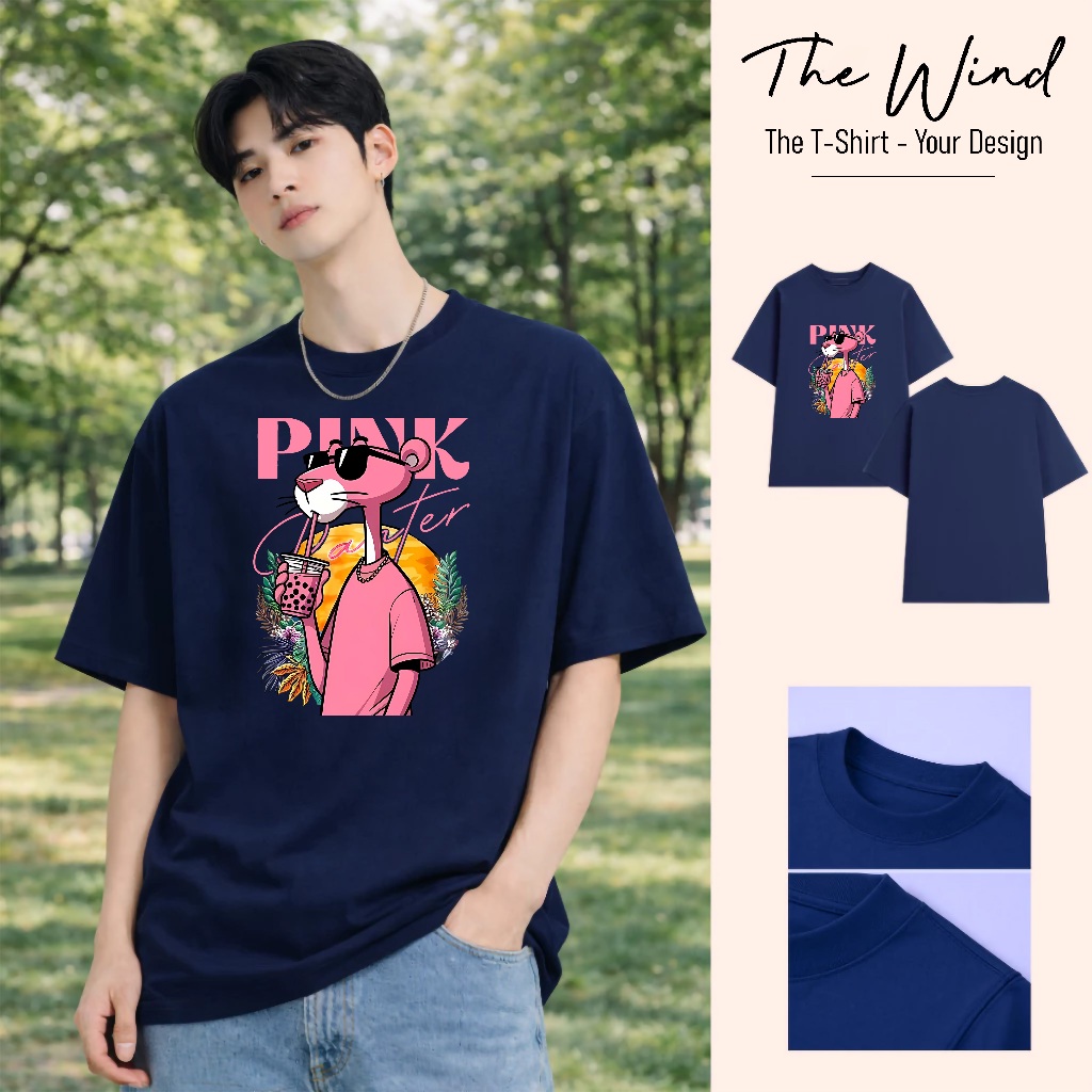 Áo thun hình Báo Hồng Pink Panther uống trà sữa phong cách mùa hè Phong Cách Streetwear Vải Cotton