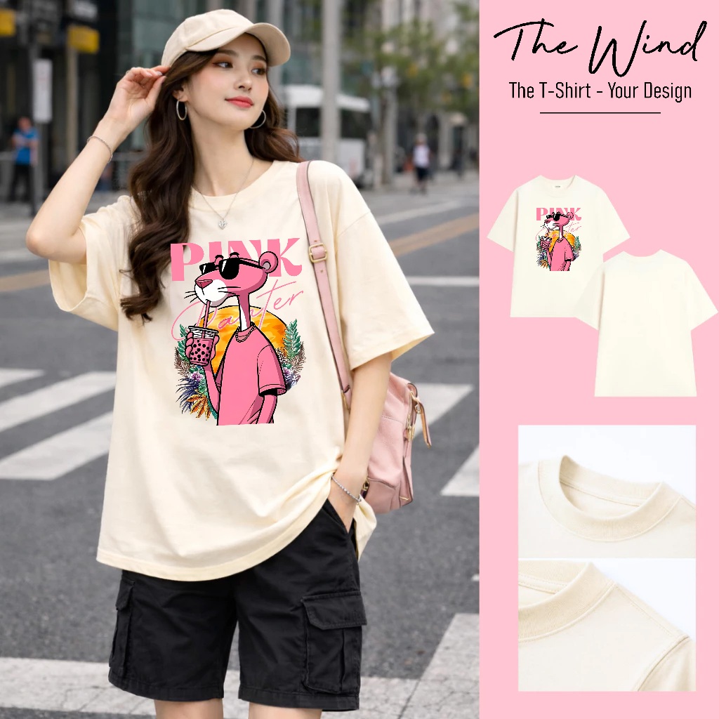 Áo thun hình Báo Hồng Pink Panther uống trà sữa phong cách mùa hè Phong Cách Streetwear Vải Cotton