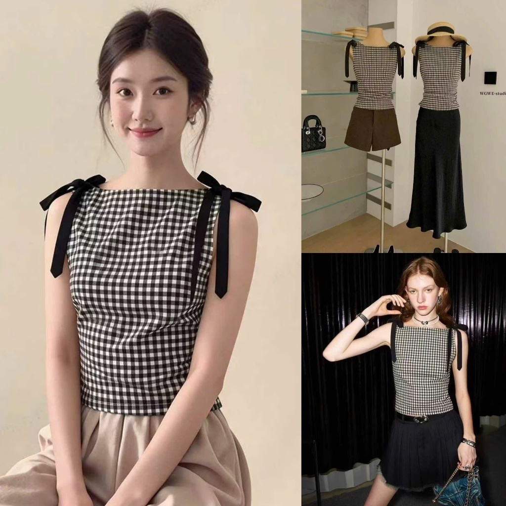 𝐍𝐠𝐨𝐜𝐚𝐧𝐡𝟔𝟗𝟓𝟗 SALE WGWE A411 Áo 3 lỗ sát nách kẻ caro buộc nơ #9017 phong cách basic mùa hè tiểu thư