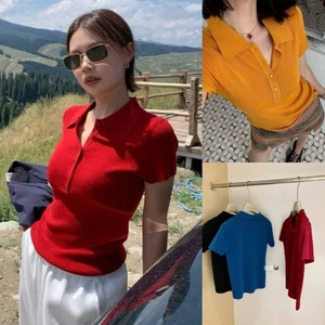 𝐍𝐠𝐨𝐜𝐚𝐧𝐡𝟔𝟗𝟓𝟗 WGWE A340 Áo len cổ bẻ ngắn tay #8770 phong cách mùa hè tiểu thư N999 ord