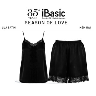 [SEASON OF LOVE] Đồ ngủ Bộ mặc nhà nữ 2 dây lụa satin phối ren iBasic gợi cảm màu đen HOMW058