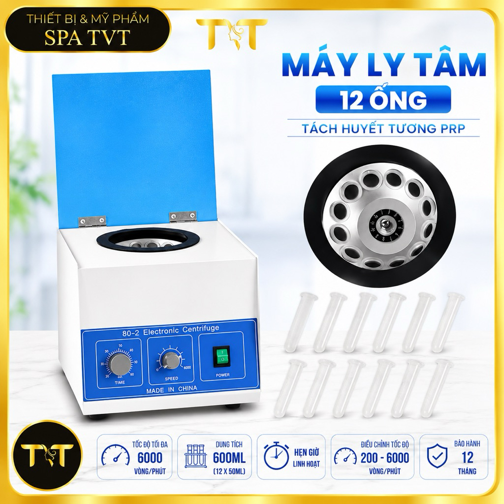 Máy Ly Tâm PRP 12 Ống 6000 Vòng/Phút, Tách Huyết Tương Giàu Tiểu Cầu, Có Hẹn Giờ, BH 12 Tháng