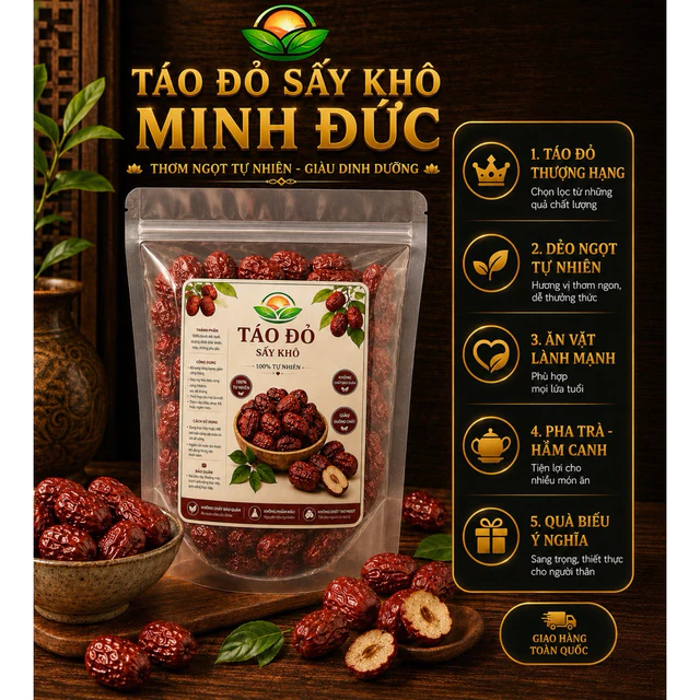 Táo đỏ sấy khô, táo đỏ - táo đỏ Minh Đức - 1kg, 500g, 250g