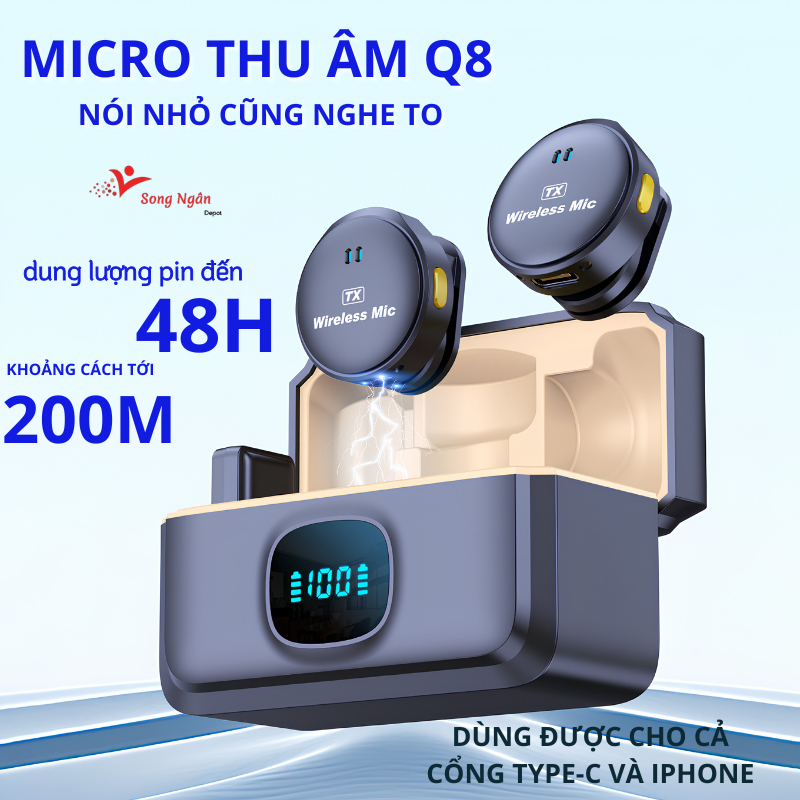 Micro Thu Âm Không Dây K9 Q8 Cài Áo Lọc Tiếng Ồn Cao Cấp Livestream Quay Video Ghi Âm Điện Thoại