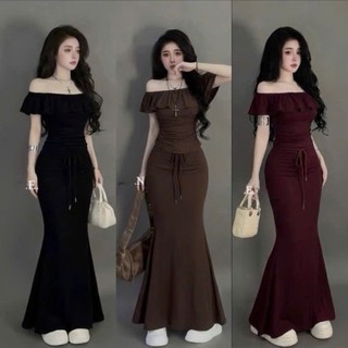 Sét Body Áo Trễ Vai Bèo Mix Chân Váy Đuôi Cá Dáng Dài LYNLUX , Sét Váy Body Co Giãn Thun Borip Cotton Mềm Mịn LUX020