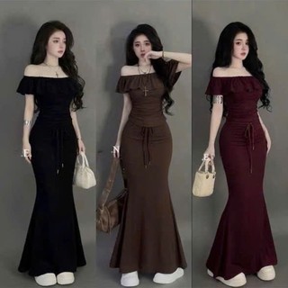 Sét Body Áo Trễ Vai Bèo Mix Chân Váy Đuôi Cá Dáng Dài LYNLUX , Sét Váy Body Co Giãn Thun Borip Cotton Mềm Mịn LUX020